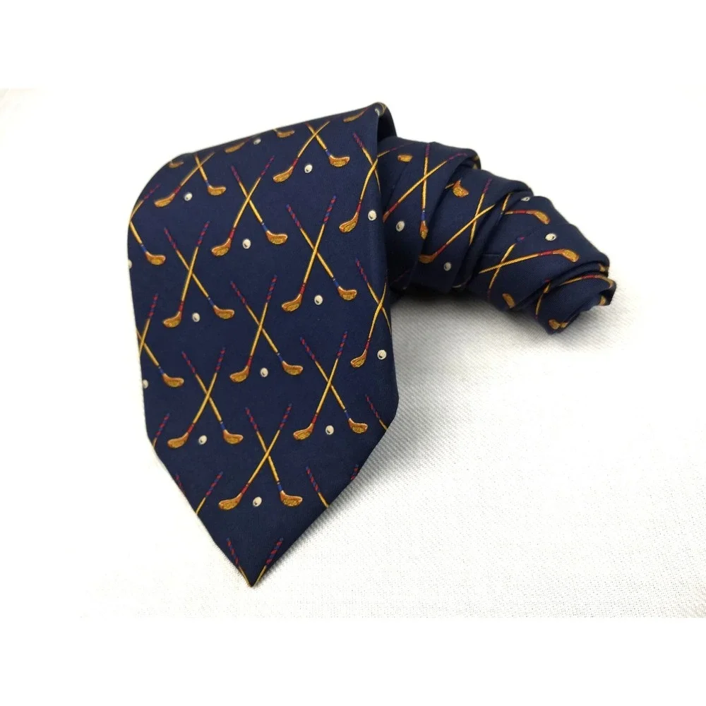 Polo Ralph Lauren 100% Silk Tie‎ Handmade Navy & Tan Golf Clubs Ball USA Vintage